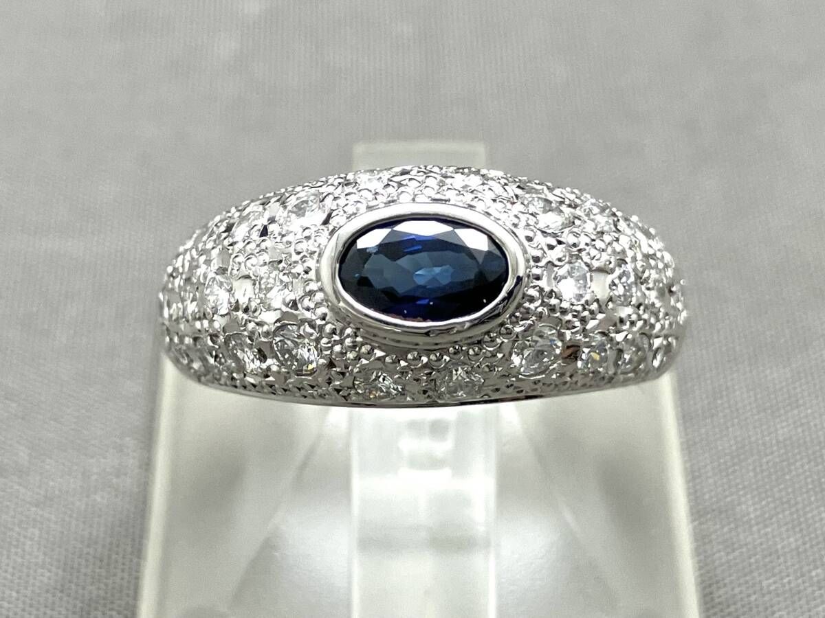 鑑別書付き Pt900 約12.5号 ブルーサファイア ダイヤモンド0.58ct 約7.4g リング 指輪