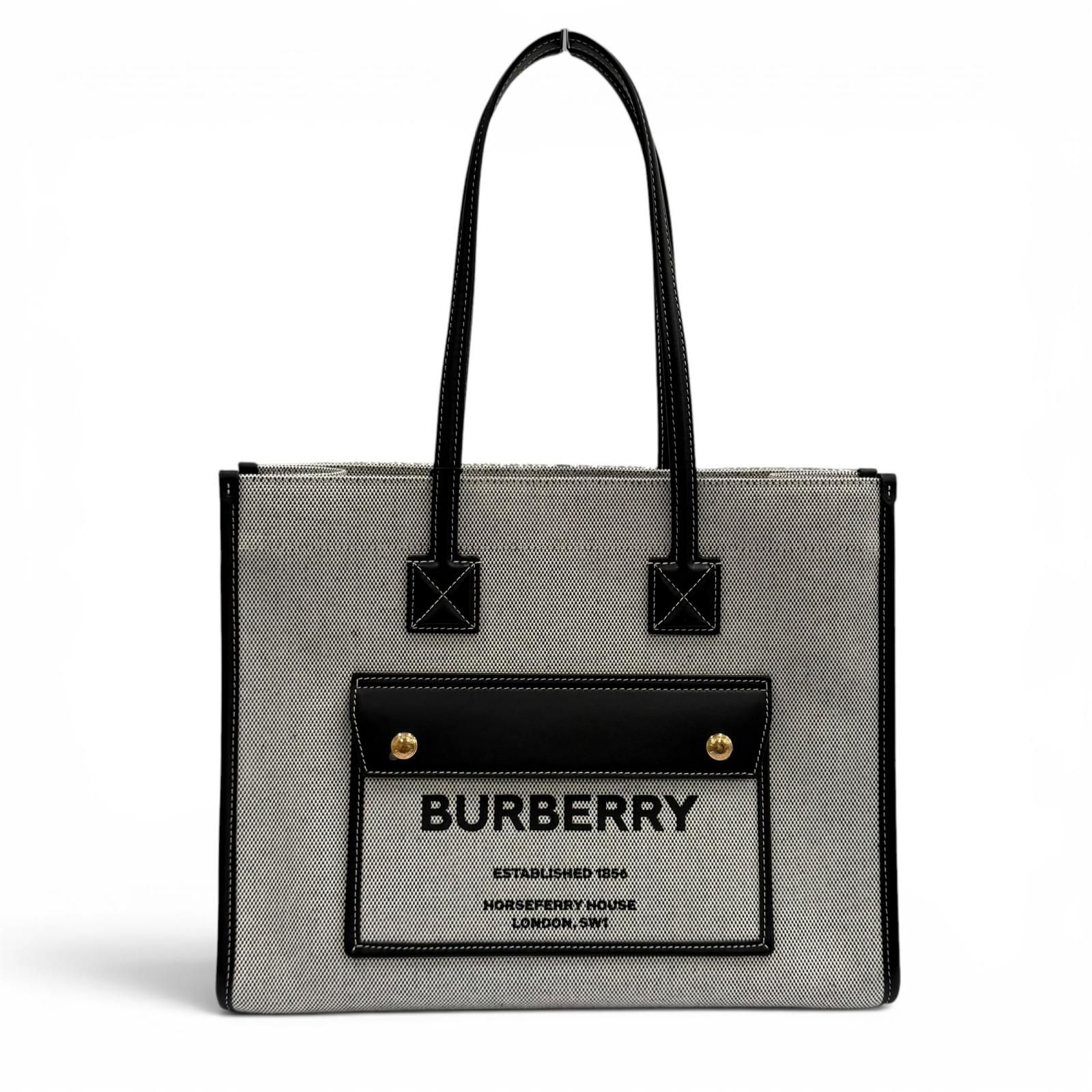 未使用品★BURBERRY バーバリー 8044137 フレヤトート ブラック ロゴデザイン レザー使い キャンバス トートバッグ 保存袋付