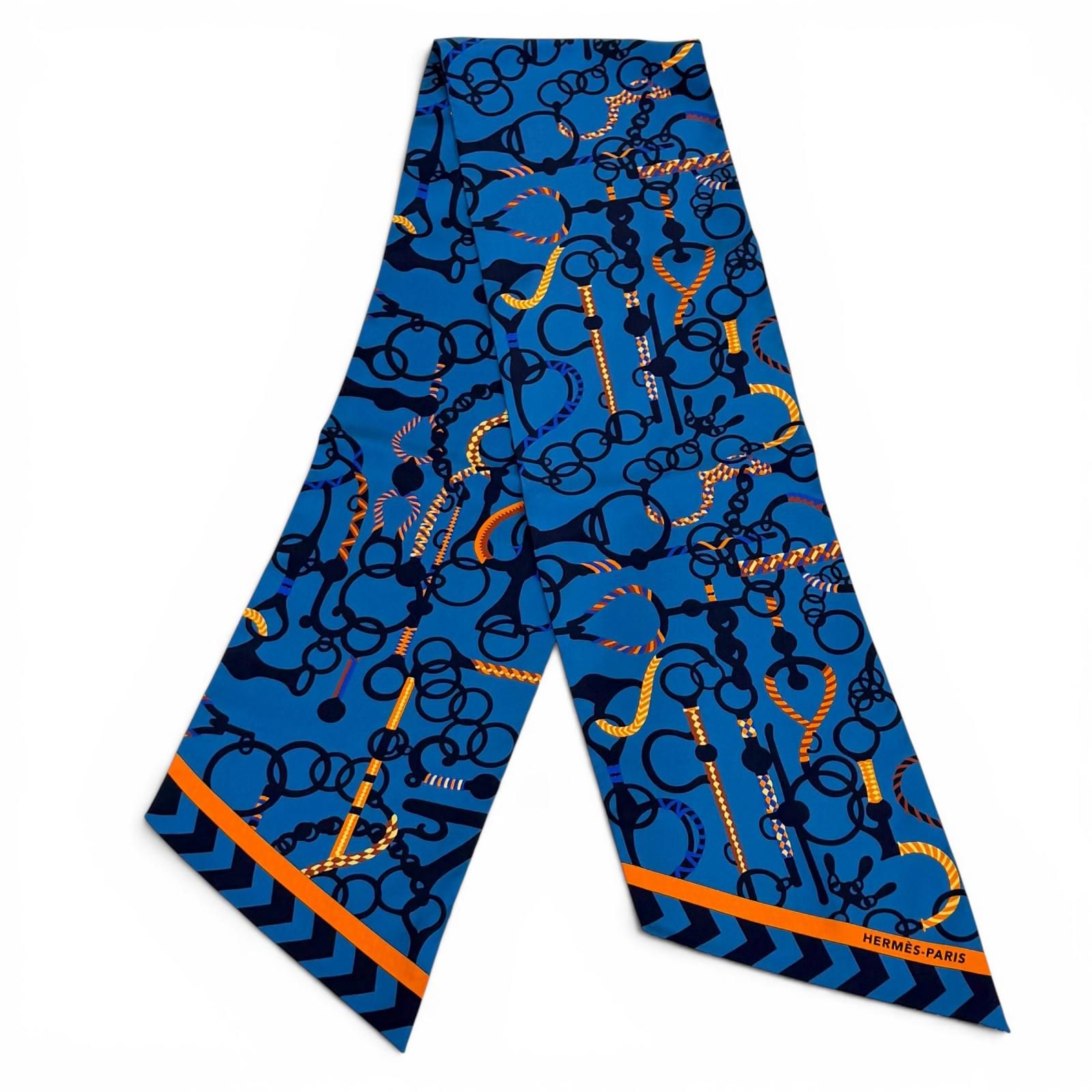 極美品★HERMES エルメス ツイリー MORS ET TRESSET モール エ トレス シルク100％ スカーフ ブルー フランス製 レディース 箱付き