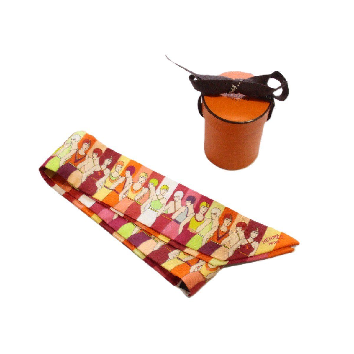HERMES エルメス ツイリー 水遊びをする人 シルク100％ オレンジ系【い