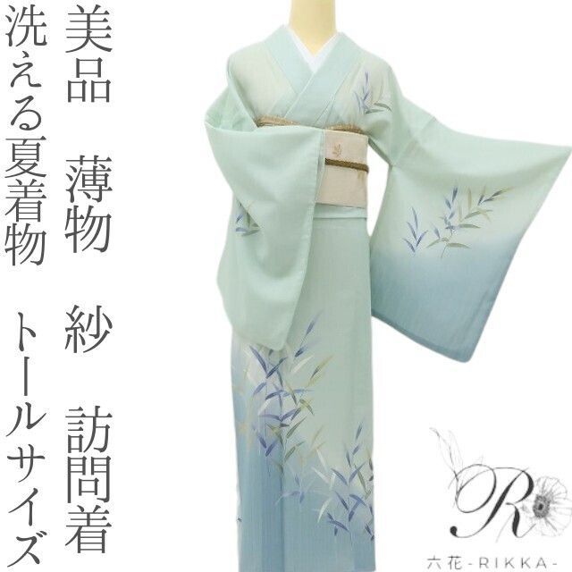 六花-RIKKA- 美品 洗える夏着物 トールサイズ 薄物 紗❀笹に風、心に涼