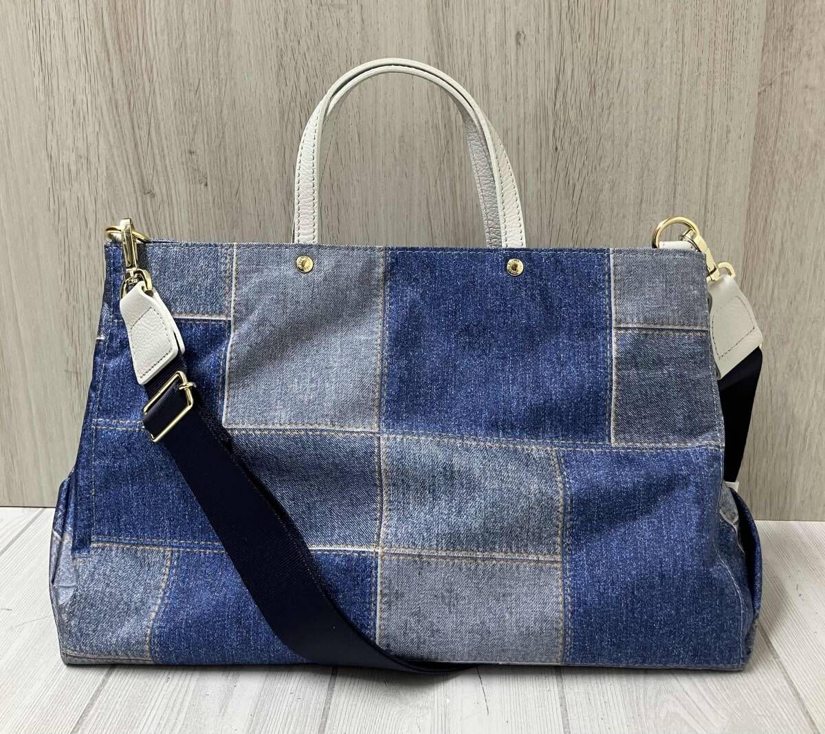 russet ラシット SHOPPER 2way トートバッグ デニムパッチワーク プリント ブルー