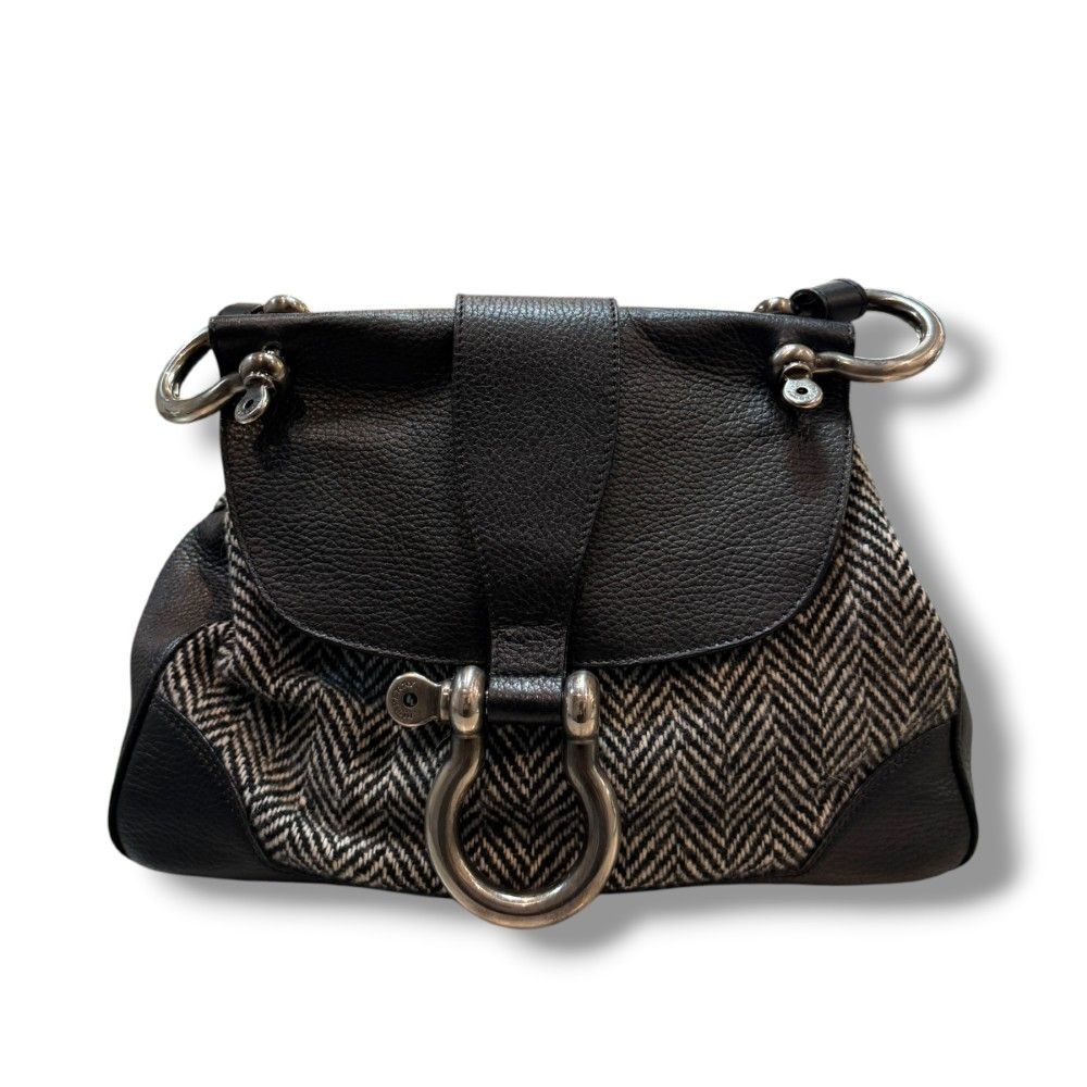【希少】BURBERRY バーバリー ハンドバッグ ツイード×レザー 編み込み BURBERRY LONDON レザー ツイード ハンドバッグ F ブラック グレー