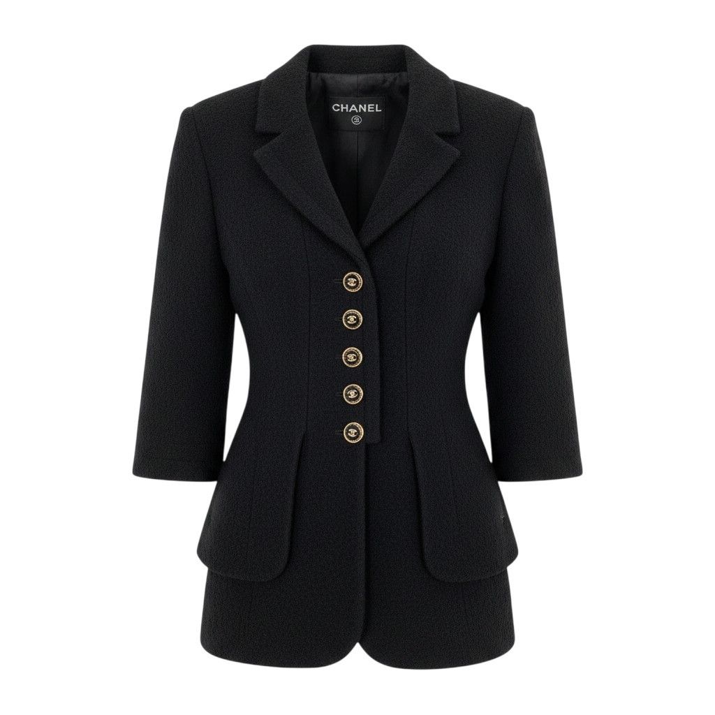 g13 【美品】CHANEL 2007年 クロップドツイードジャケット ココマーク P30567 38サイズ ブラック レディース 女性用k02i