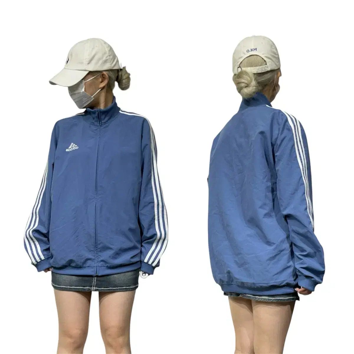 adidas オーバーサイズ ライトブルー 白 3本線 ウィンドブレーカー トラック ジャケット L