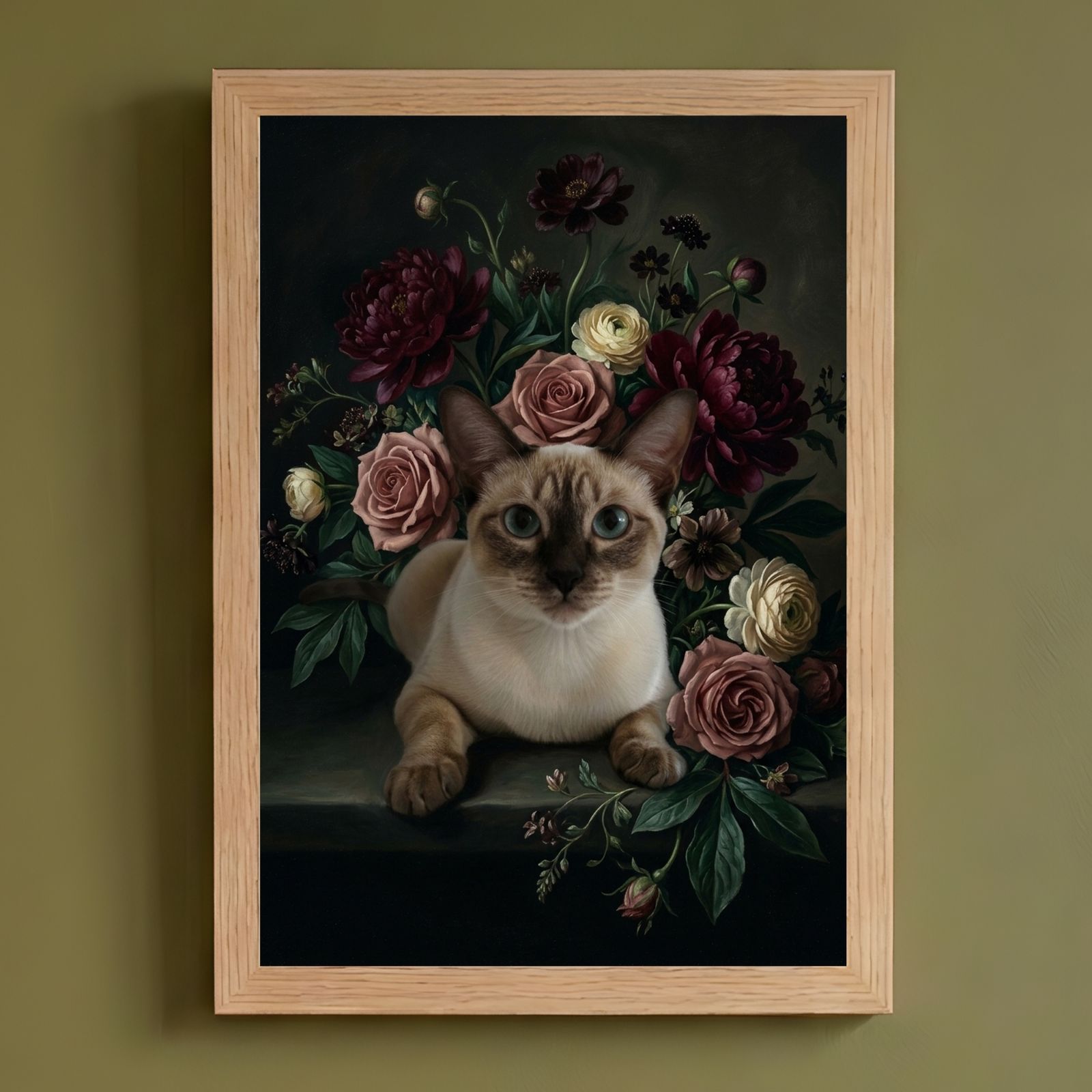 猫（シャム猫）の花に囲まれた油絵風アート A4額装インテリア壁掛け