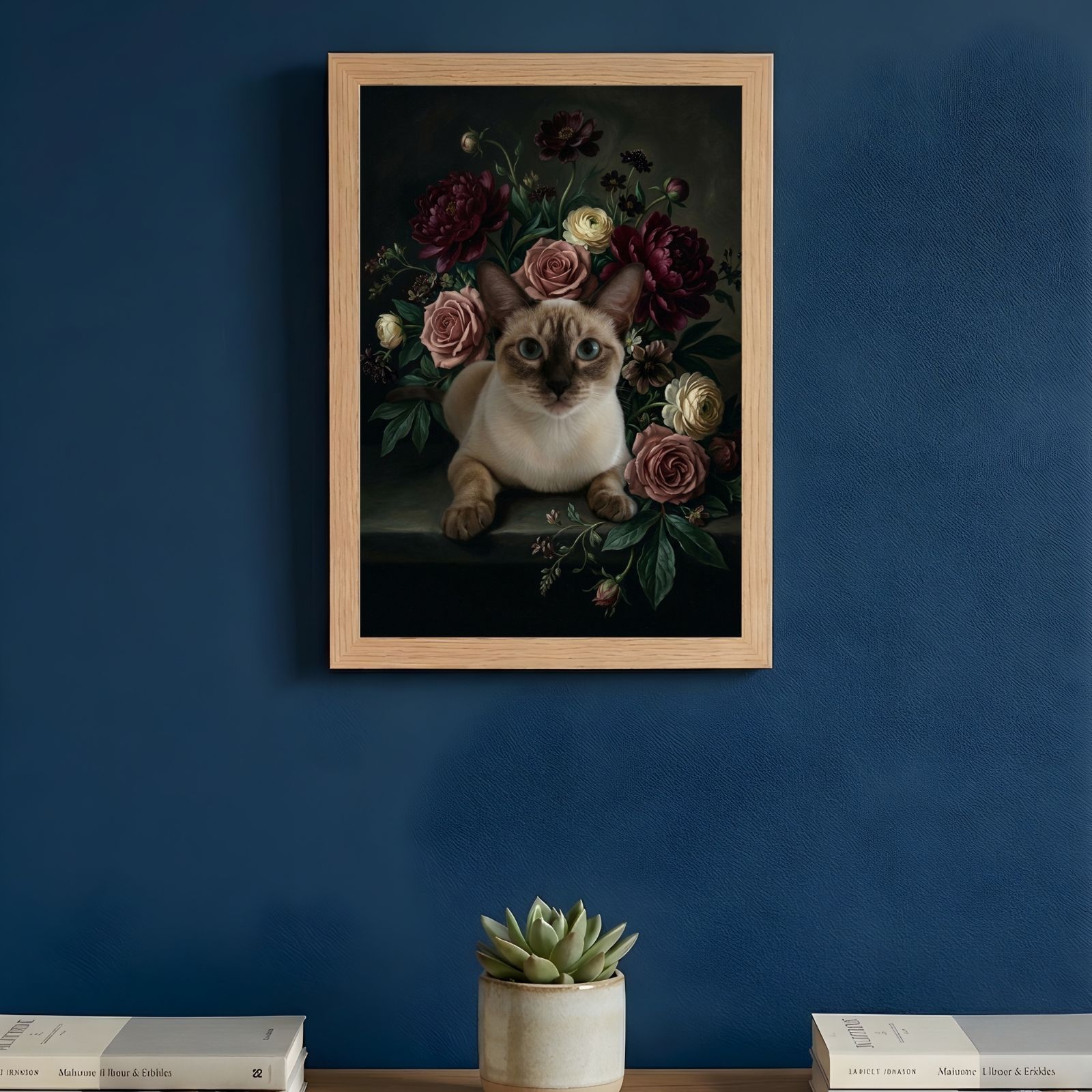 猫（シャム猫）の花に囲まれた油絵風アート A4額装インテリア壁掛け