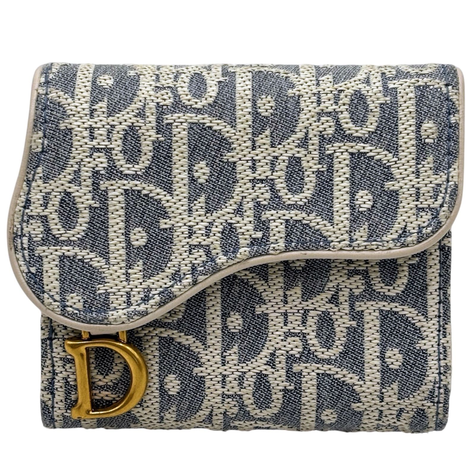 Christian Dior クリスチャン・ディオール 三つ折り財布 S5652 サドルロータス ウォレット ブルー 97MA 0255 デニム オブリーク ジャガード ロゴ コンパクトウォレット キャンバス レザー Dリング ゴールド金具【送料無料】