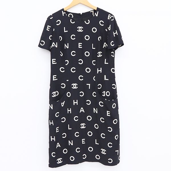 シャネル CHANEL 総柄 ココマーク 半袖ワンピース 97P P07742V05558 シルク レディース サイズ44 ブラック【yy】【中古】4000065810001473