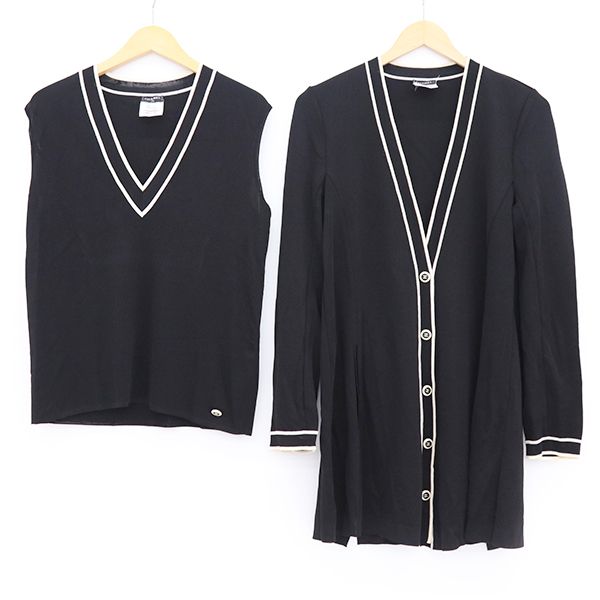 【美品】シャネル CHANEL アンサンブルニット P47678K06020 レーヨン レディース 42 ブラック【yy】【中古】4000065810001478