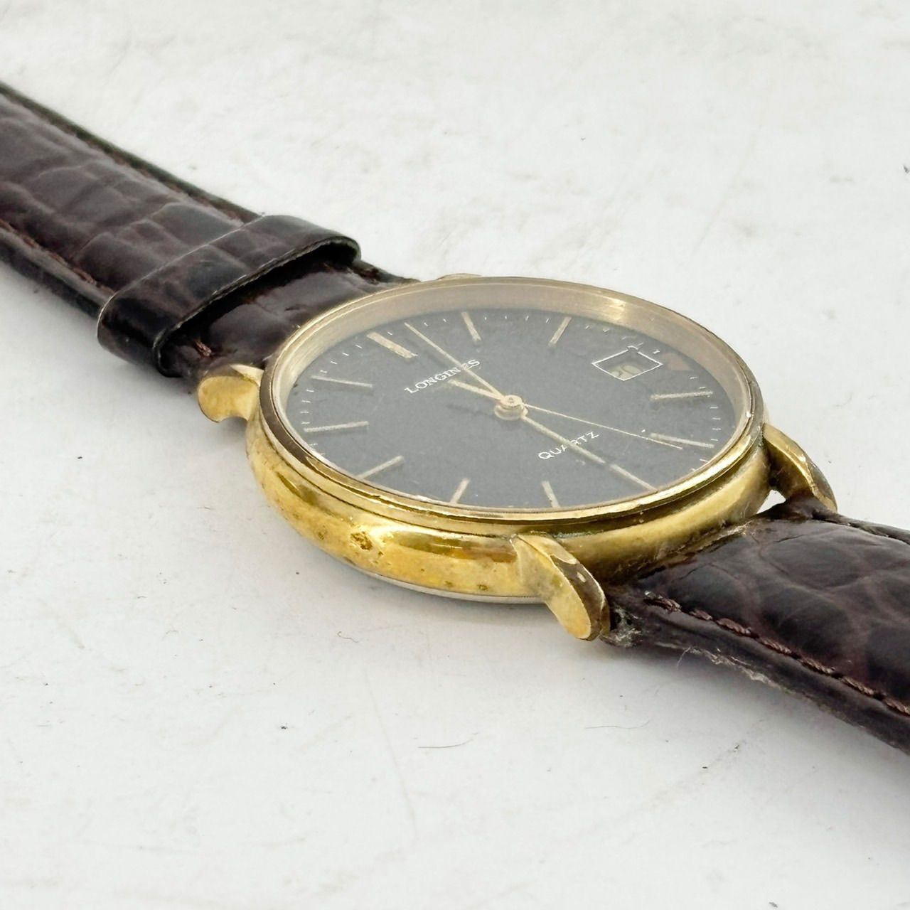 LONGINES 腕時計　ロンジン　ゴールド　クォーツ　デート　革ベルト黒 LONGINES 腕時計 ロンジン クォーツ デート 革ベルト黒 2353 - メルカリ