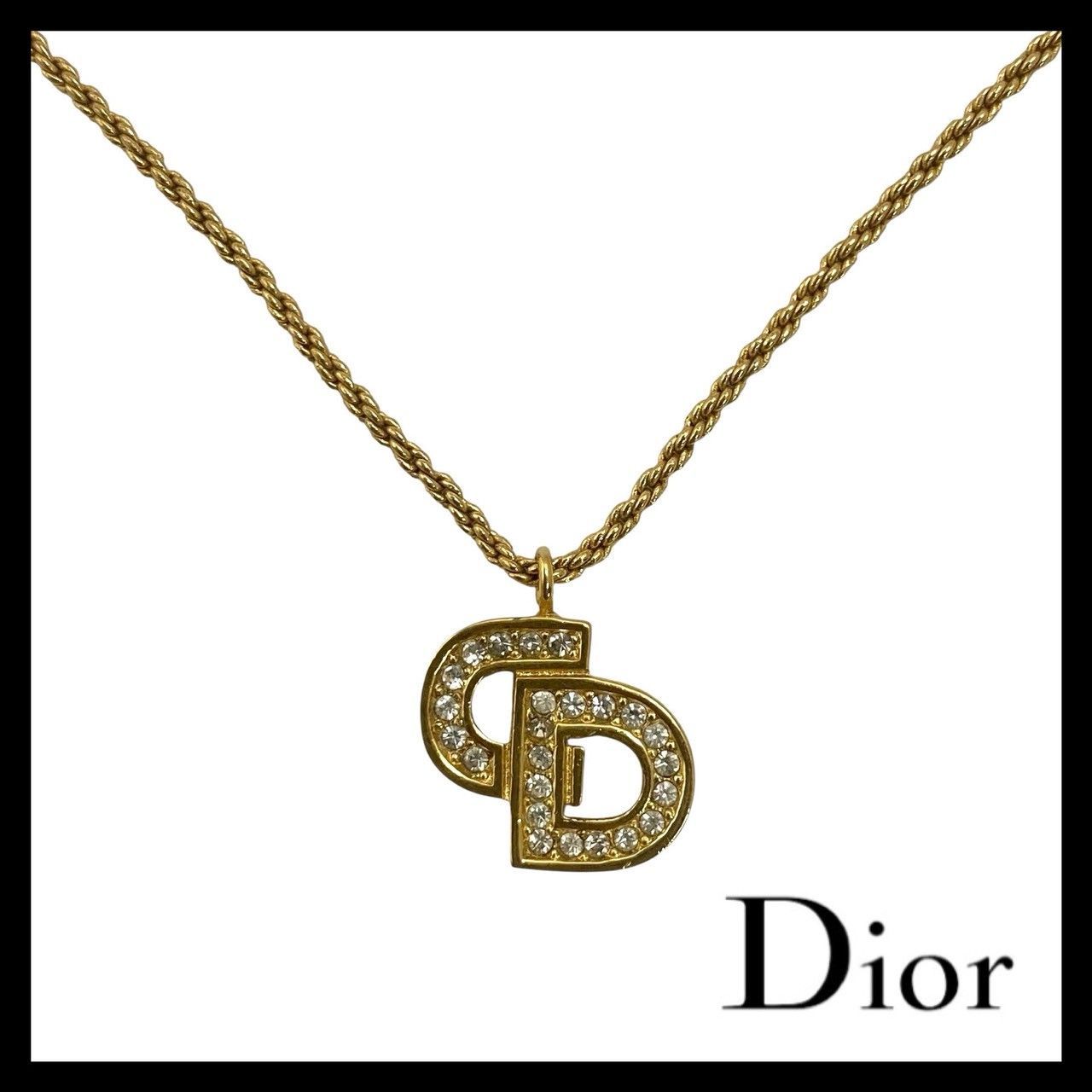 M【Dior】CDロゴ ネックレス ラインストーン ゴールド/金カラー 