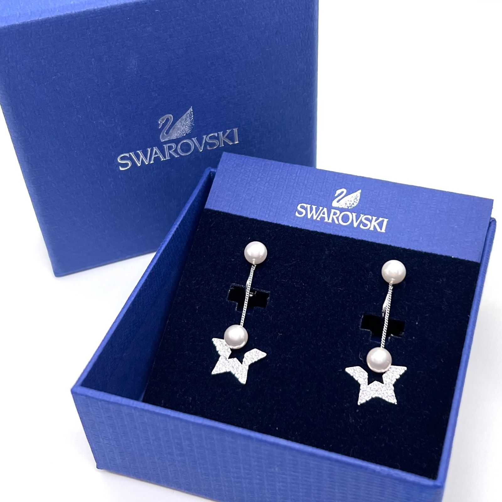 美品★SWAROVSKI スワロフスキー Fanfare クリップイヤリング パール スター スウィング 星 クリスタル パヴェ