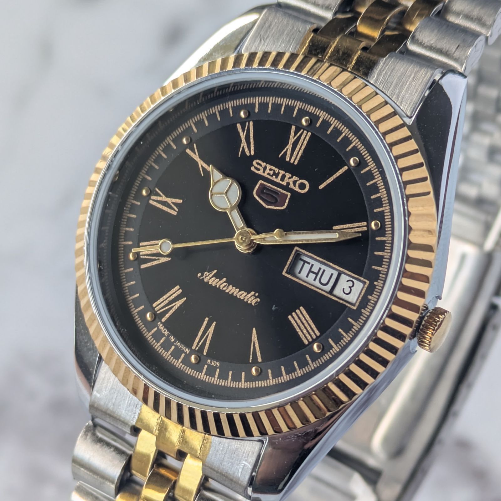 稼働品 SEIKO セイコー5 自動巻き ヴィンテージ ブラック文字盤 ローマ