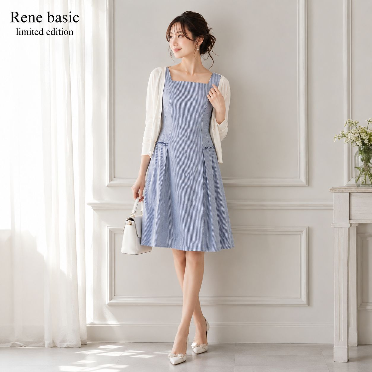 【美品 / 清涼感抜群】Rene basic limited edition 5326140 / ルネベーシック リミテッドエディション38 「Mサイズ（9号相当）」ブルー系 ノースリーブワンピース スクエアネック ストライプ柄 学校行事 エレガント 13,528円