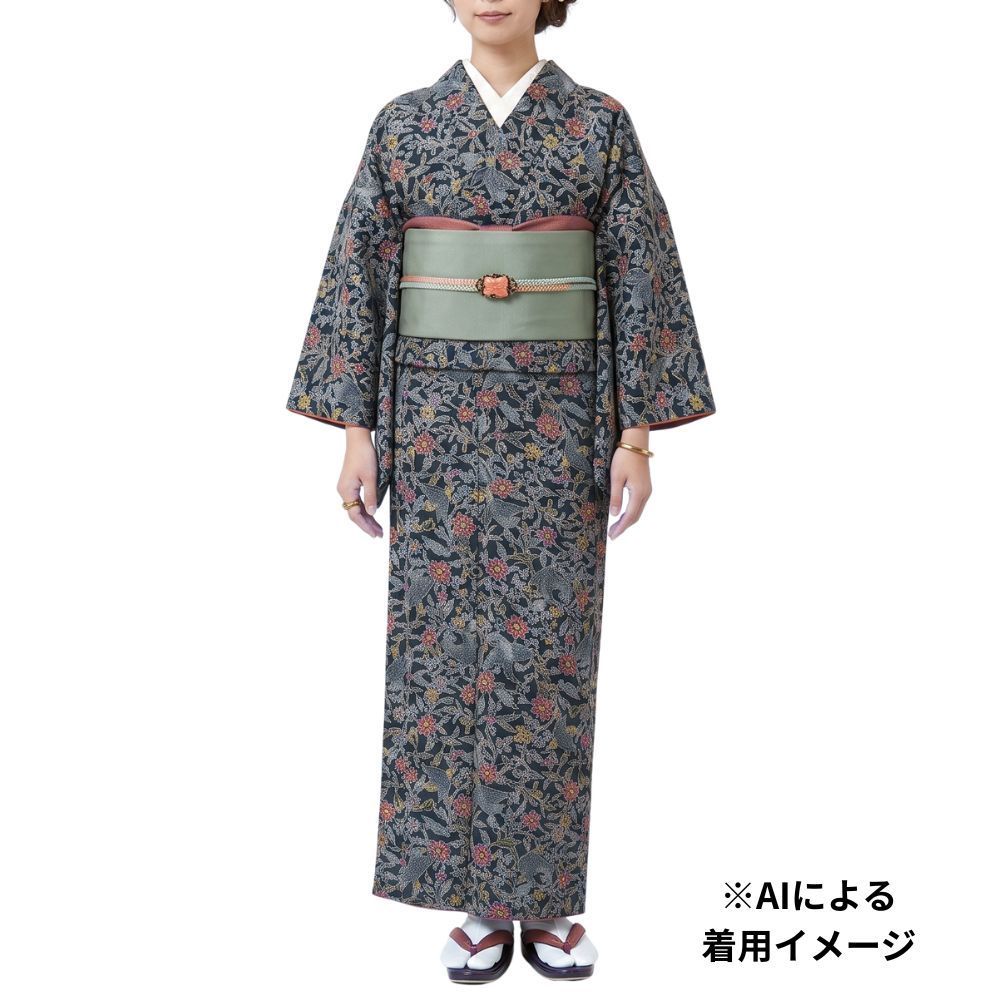 リユース】美品 丹後ちりめん 京紅型 小紋 型染 濃紺 ネイビー 鳥 花