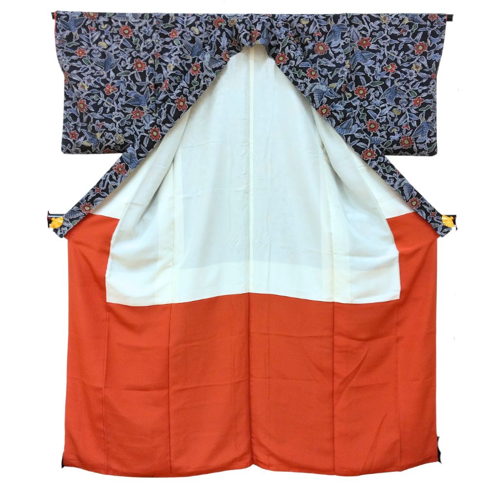 リユース】美品 丹後ちりめん 京紅型 小紋 型染 濃紺 ネイビー 鳥 花