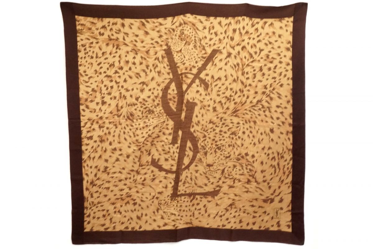 イヴ サンローラン ヴィンテージ 142cm ストール ショール ヒョウ レオパード柄 YSLロゴ ウール シルク ブラウン Yves Saint Laurent 7125k
