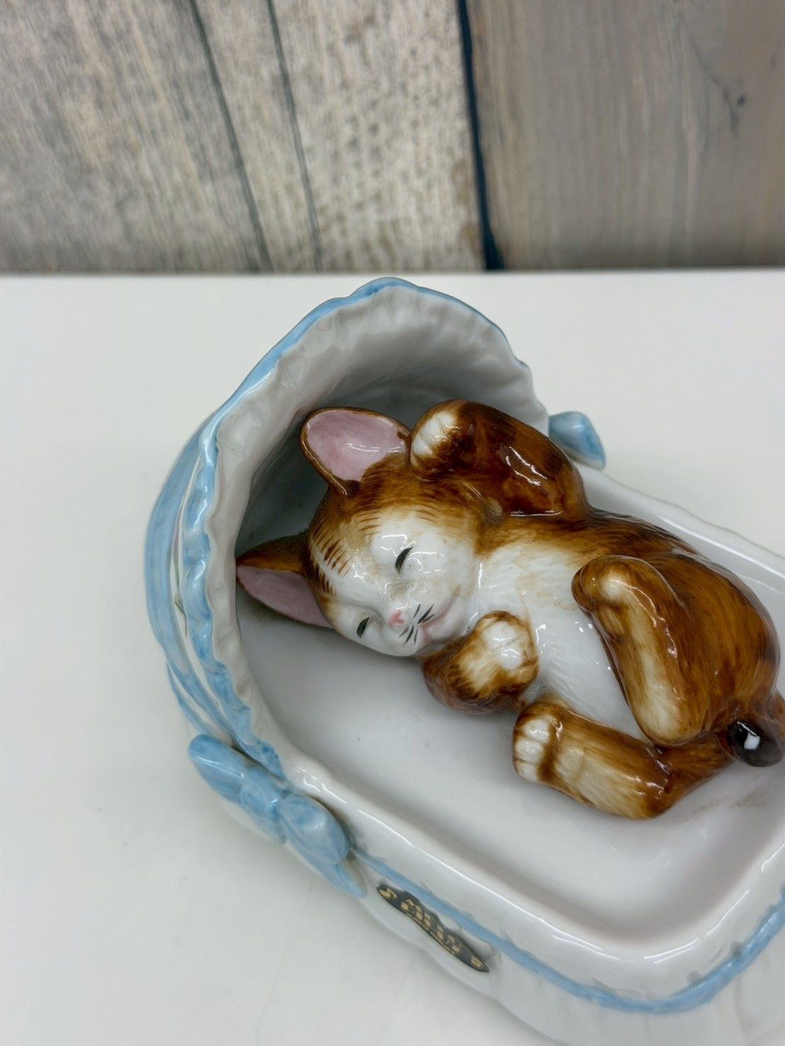 E【保管品】加藤工芸 陶器 オルゴール ゆりかご猫 レトロ アンティーク