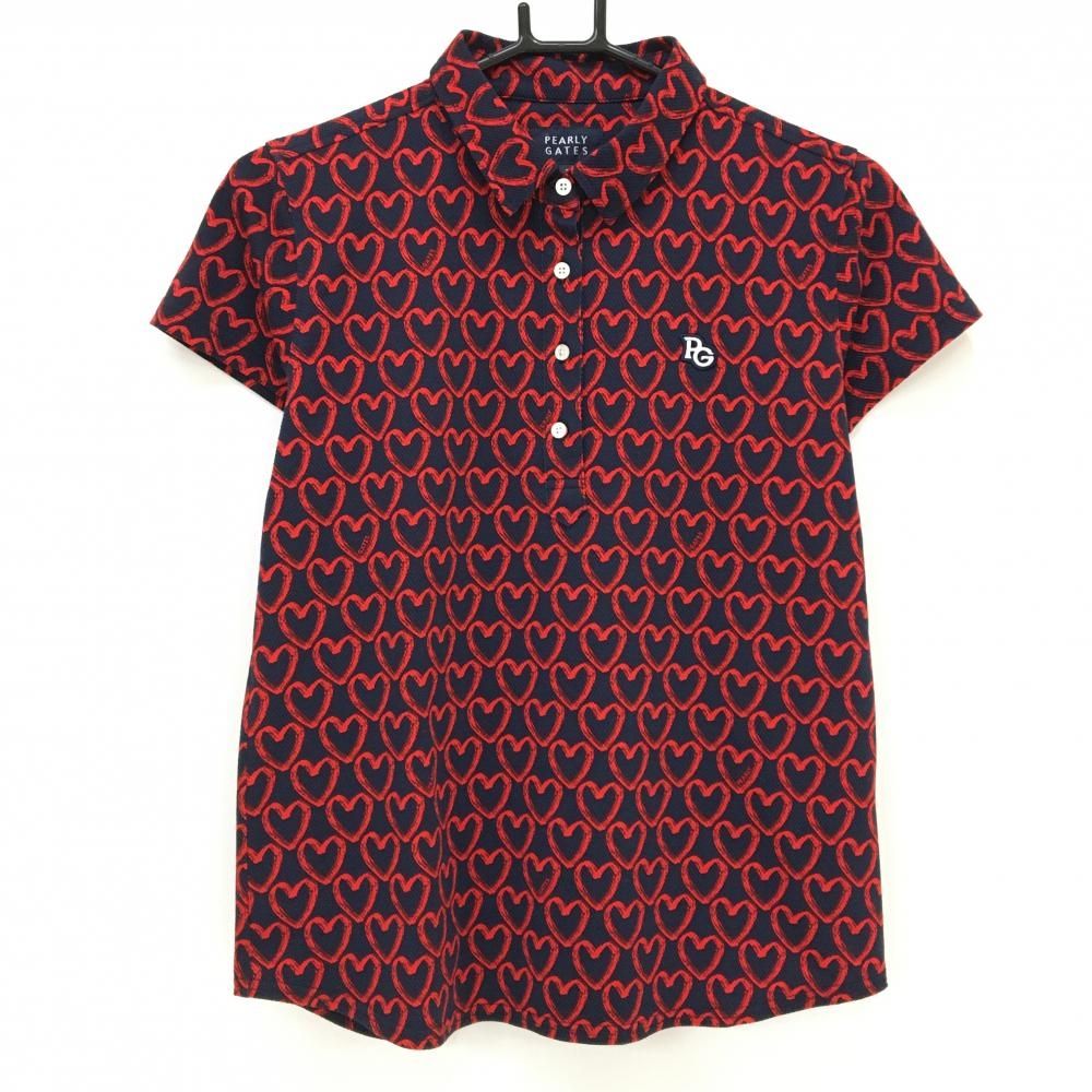 【超美品】パーリーゲイツ 半袖ポロシャツ ネイビー×レッド ハート総柄 ロゴ刺しゅう レディース 1(M) ゴルフウェア PEARLY GATES