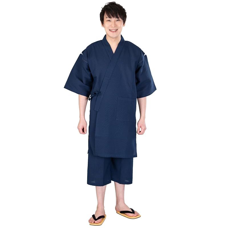 【新品】 [あい藍] メンズ ロング甚平 着丈ながめ&7分丈ズボン サラッとしていてベタつかないしじら織 日本製 綿100% (L, ネイビー)