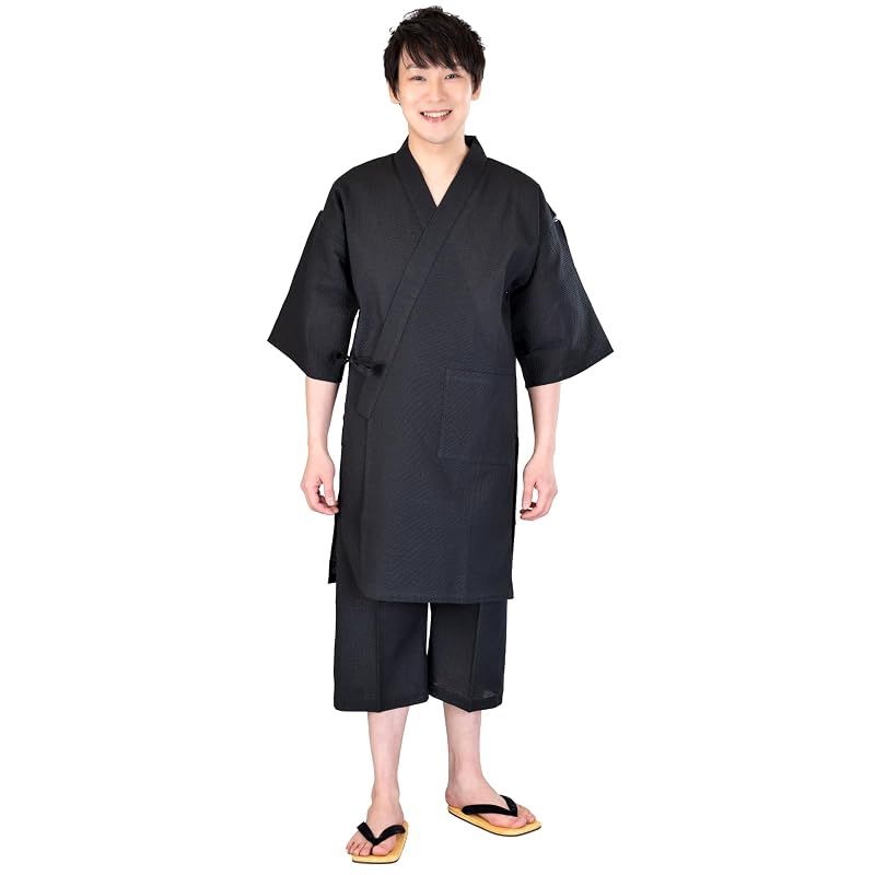 【新品】 [あい藍] メンズ ロング甚平 着丈ながめ&7分丈ズボン サラッとしていてベタつかないしじら織 日本製 綿100% (L, 黒)