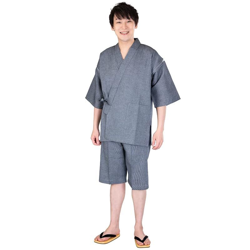 【新品】 [あい藍] サラッとしてベタつかない洗えるしじら織メンズ甚平 日本製 綿100% M?3Lサイズ (M, グレー)