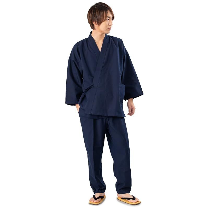【新品】 [あい藍] 作務衣 本久留米織り つむぎ無地 (6カラー展開) (LL, ネイビー)