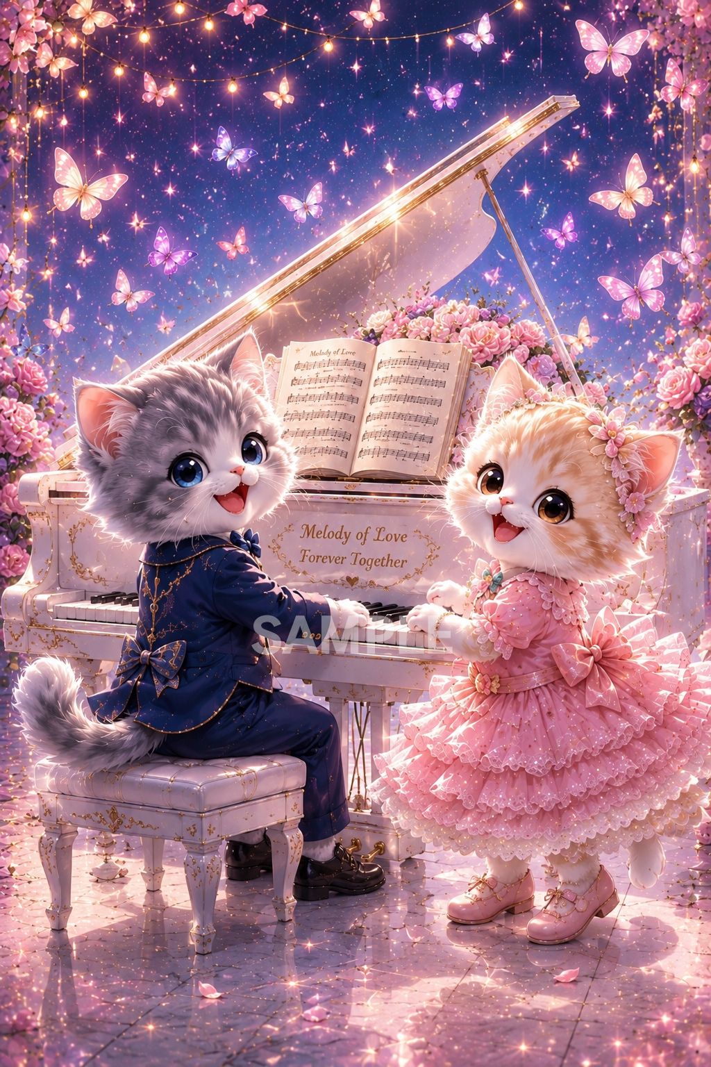 668 幻想的 子猫 ピアノ アートポスター 2Lサイズ インテリア 猫