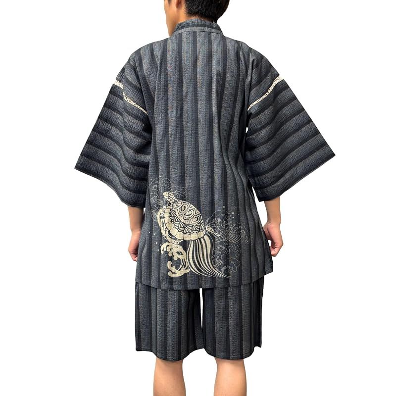 【新品】 [江戸てん] 甚平 しじら織り 涼しい 夏 綿100％ 抜染オリジナル柄 和柄 波亀 グレーストライプ 3L