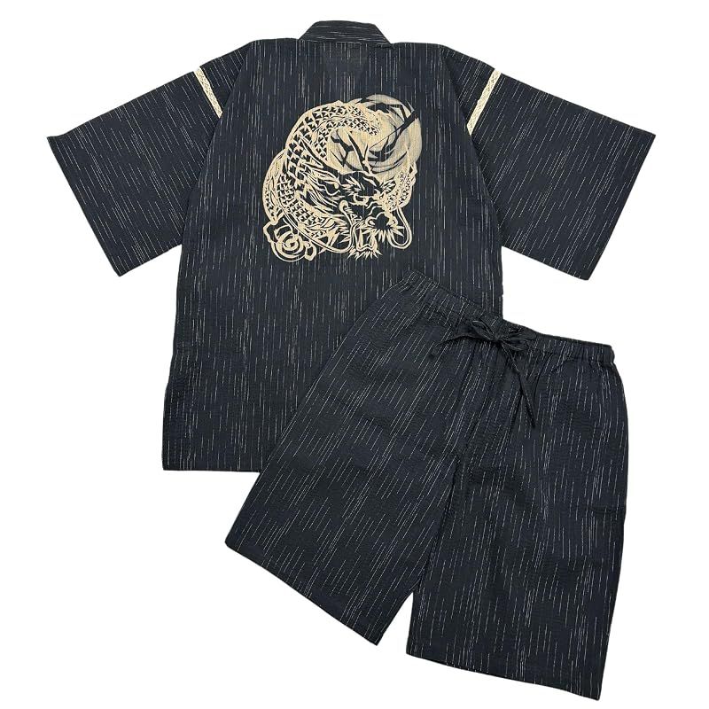 【新品】 [江戸てん] 甚平 しじら織り 涼しい 夏 綿100％ 抜染オリジナル柄 和柄 雷龍 黒 5L