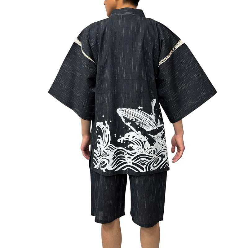 【新品】 [江戸てん] 甚平 しじら織 メンズ 和柄 海洋モチーフ 捺染プリント【海遊粋録】 夏用甚平 上下セット 綿100％ 涼しい 和風 腰に波濤鯨 クジラ 黒 4L