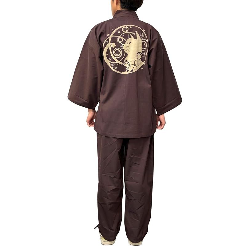 【新品】 [江戸てん] 作務衣 猫柄 抜染柄入り 綿100％ 平織り生地 猫と桜吹雪 茶 LL 10,219円