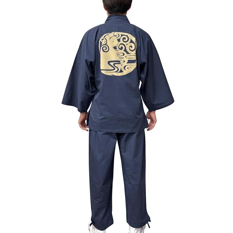 【新品】 [江戸てん] 作務衣 猫柄 抜染柄入り 綿100％ 平織り生地 唐草猫 紺 3L