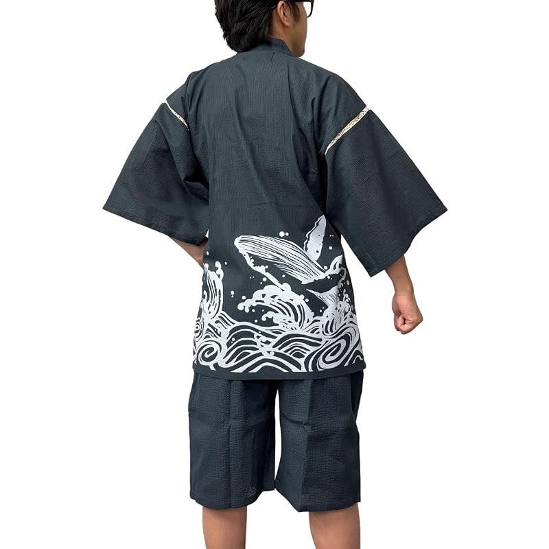 【新品】 [江戸てん] 甚平 しじら織 メンズ 和柄 海洋モチーフ 捺染プリント【海遊粋録】 夏用甚平 上下セット 綿100％ 涼しい 和風 腰に波濤鯨 クジラ 紺 LL