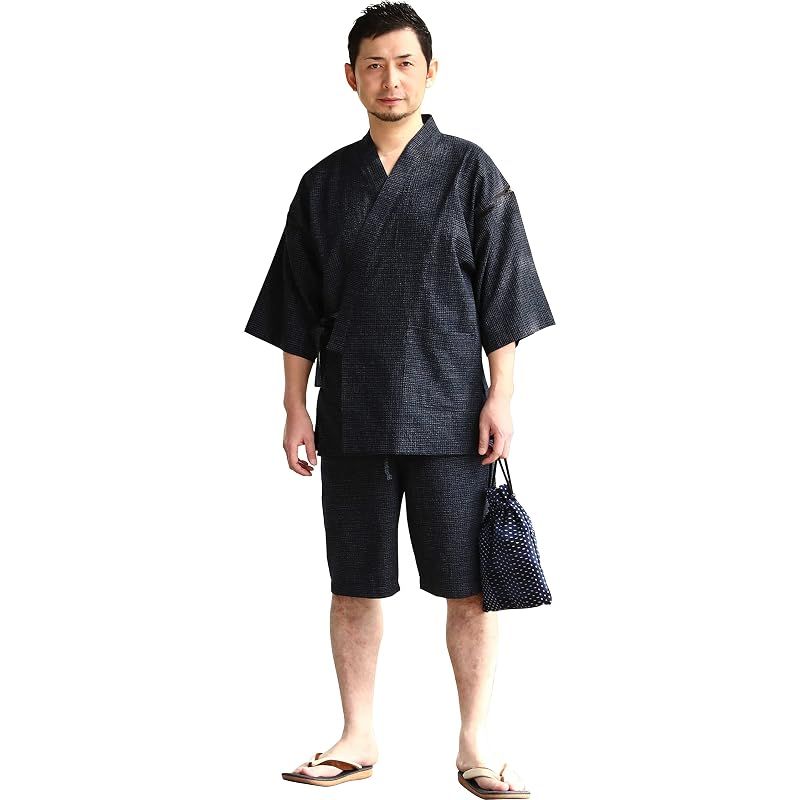 【新品】 綿の郷(ワタノサト) 久留米ちぢみ織甚平 全行程 日本製 サイズ S/M/L/LL/3L 父の日 プレゼント 実用的 ファッション おしゃれ 服 (文人柄・紺色, S)