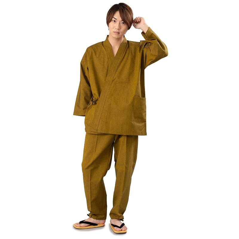 【新品】 [あい藍] 作務衣 本久留米織り つむぎ無地 (6カラー展開) (LL, ゴールド)