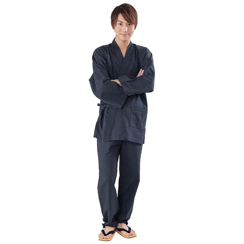 【新品】 [あい藍] 作務衣 メンズ 刺し子織 通年 季節 プレゼント 贈り物 春 夏 秋 冬 父の日 (M, 紺)