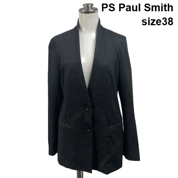 ◆ ピーエスポールスミス PS Paul Smith ジャケット 長袖 Vネック ノーカラー バックスリット グレー 毛 38 S 7号 レディース S6H582