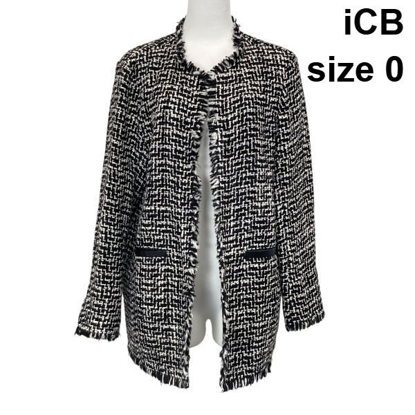 ◆ アイシービー iCB ツイードジャケット 長袖 ノーカラー フリンジ アウター 黒 白 毛 綿 フェイクレザー 0 XS ５号 レディース S6H620