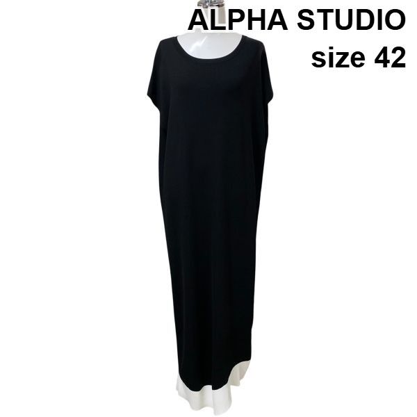 □ アルファ ストゥディオ ALPHA STUDIO サックワンピース ボートネック フレンチスリーブ バイカラー 黒 白 42 L 11号 レディース Z6D579