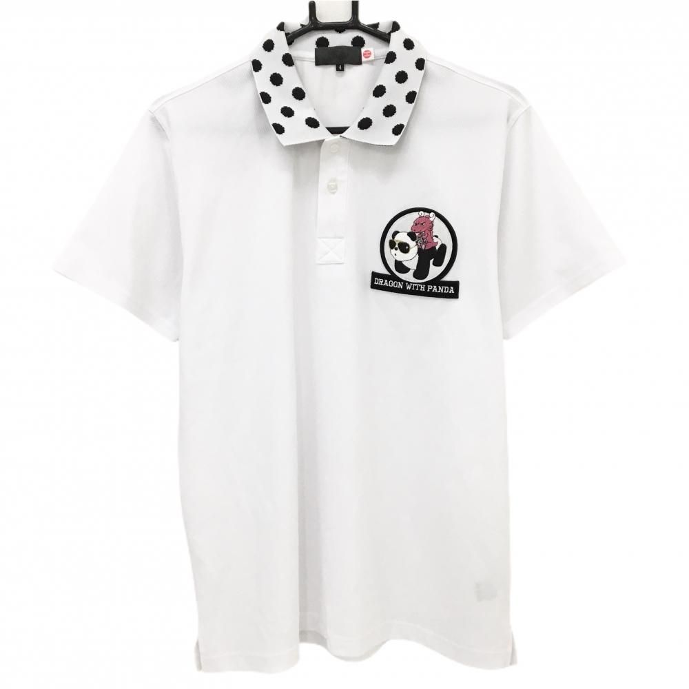 【美品】ダンスウィズドラゴン 半袖ポロシャツ 白×黒 チビドラ パンダ 襟ドット メンズ 4(XL) ゴルフウェア Dance With Dragon