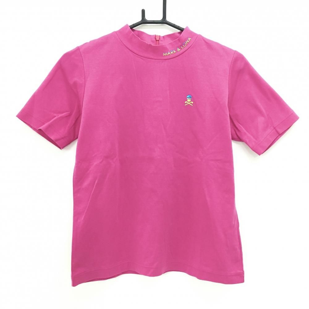 【超美品】マークアンドロナ 半袖ハイネックシャツ ピンク スカル 後ろハーフジップ レディース 38(M) ゴルフウェア MARK＆LONA