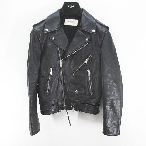 セリーヌ CELINE 2E158599E ダブルライダースジャケット レザージャケット 革ジャン 牛革 44 黒系 ブラック イタリア製 ジップアップ 裏地