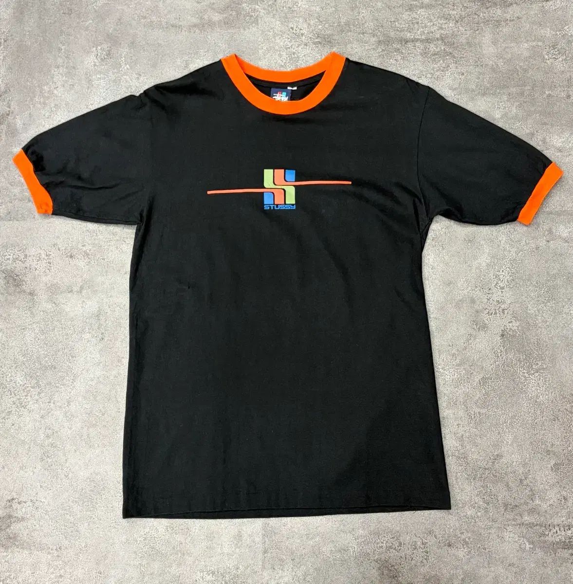 90s STUSSY ステューシー 半袖リンガーTシャツ ブラック オレンジ