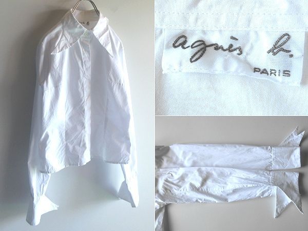 希少 90s-00sビンテージ agnes b. アニエスベー ロング襟/ロングカフス コットン シャツ ブラウス 白 ホワイト 日本製 アーカイブ