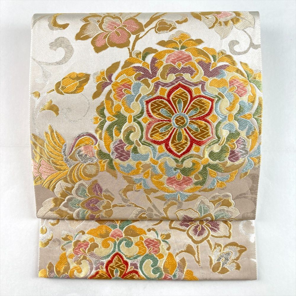 たんす屋 TANSU-YA リユース帯 帯 袋帯 白銀 フォーマル 織り 華紋 唐花草 鳥 絹 六通 洗い済 7650004297796