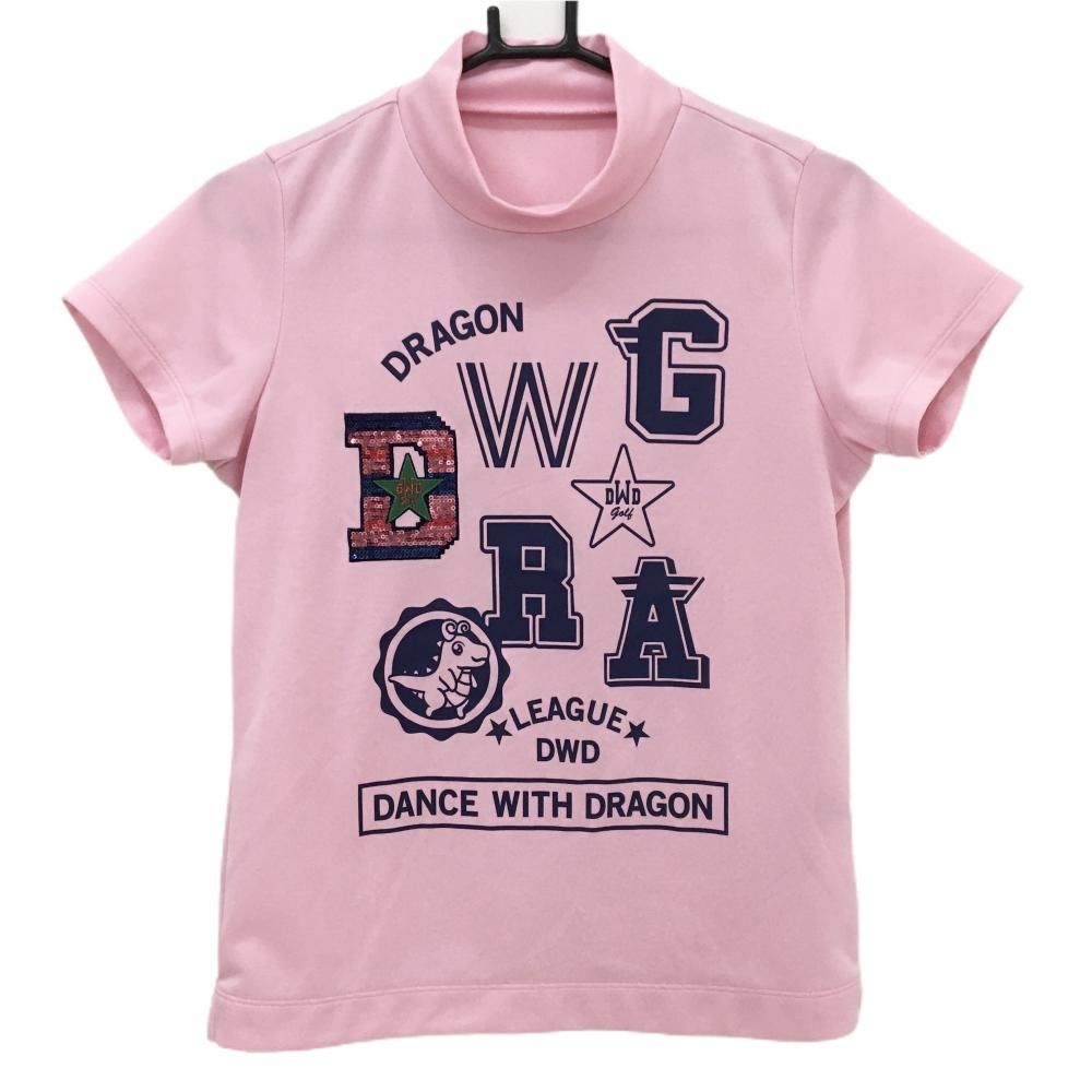 【美品】ダンスウィズドラゴン 半袖ハイネックシャツ ピンク×ネイビー スパンコールロゴ レディース 2(M) ゴルフウェア Dance With Dragon 美品】ダンスウィズドラゴン 半袖ハイネックシャツ ピンク×ネイビー