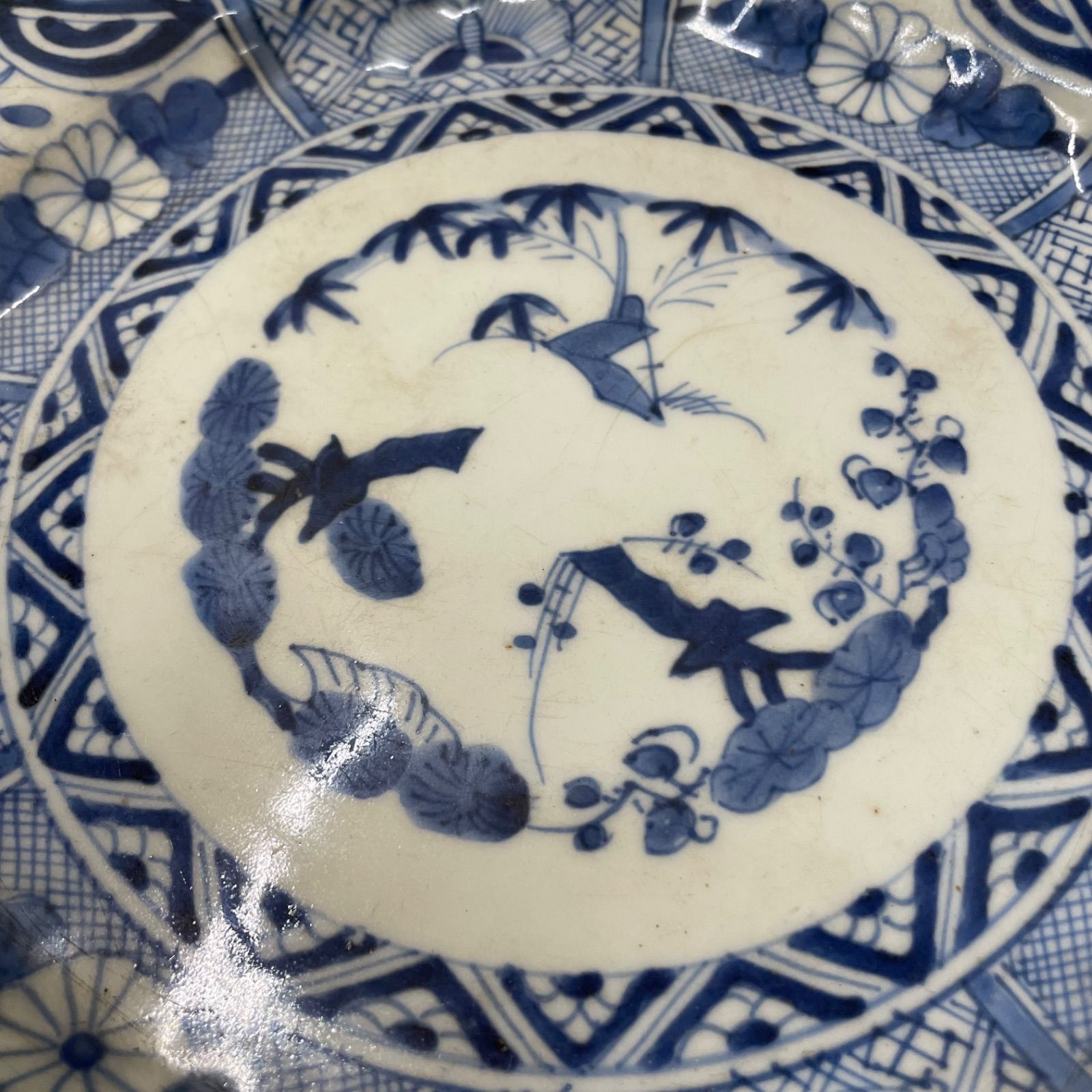 1】古伊万里焼 大皿 染付芙蓉手 鳥松竹梅文八角大皿 骨董品