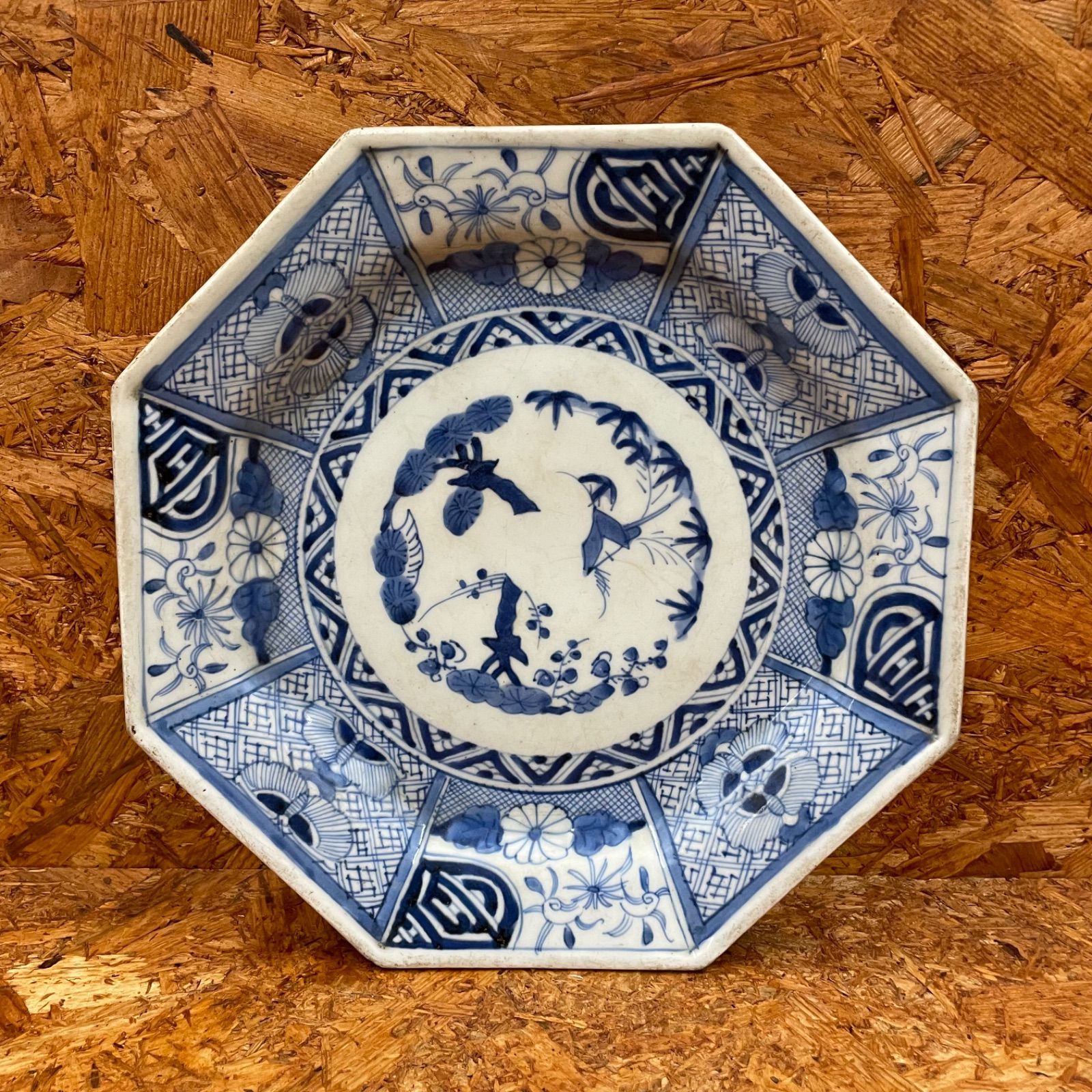 1】古伊万里焼 大皿 染付芙蓉手 鳥松竹梅文八角大皿 骨董品